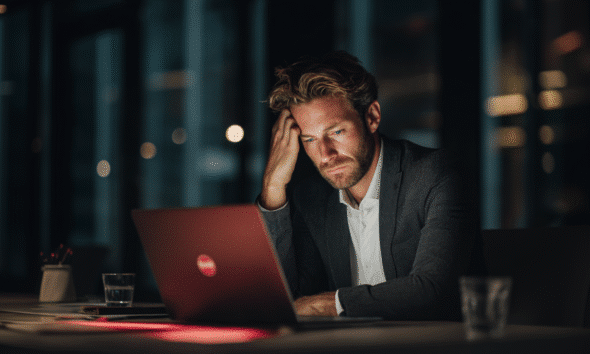Entrepreneur stressé devant son ordinateur, compte professionnel bloqué