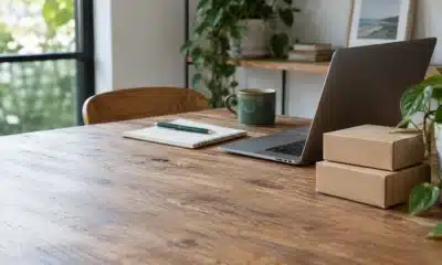 Illustration : ordinateur portable, carnet et colis sur un bureau.