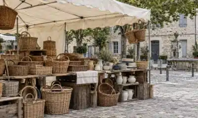 Étal de paniers et de céramiques sous un auvent sur une place de marché