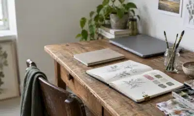 Carnet de croquis, aquarelles et pinceaux sur une table d’atelier