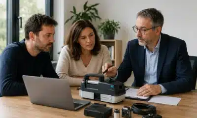 Associés de SARL évaluant du matériel professionnel pour un apport en nature