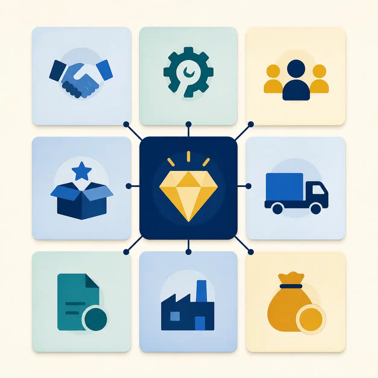 Schéma visuel des neuf blocs du Business Model Canvas