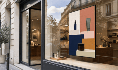 Écran d’affichage dynamique lisible derrière une vitrine de commerce
