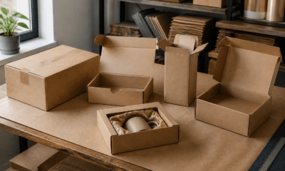 Cinq formats d’emballage carton personnalisé sur un poste de préparation