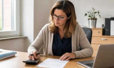 Dirigeante calculant un escompte sur une facture professionnelle