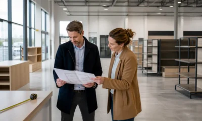 Entrepreneurs étudiant un local commercial pour un projet de magasin