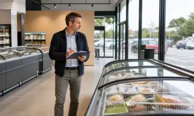 Entrepreneur évaluant un magasin de produits surgelés avant d’ouvrir une franchise Picard