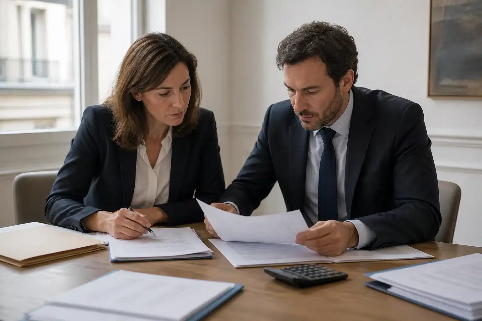 Repreneur et conseil analysant les actifs et passifs d’une société avant une cession
