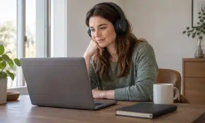 Femme portant un casque devant un ordinateur portable à domicile
