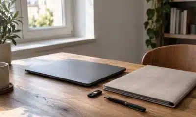 Ordinateur fermé, dossier en tissu et clé de sécurité sur un bureau éclairé par une fenêtre