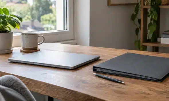 Ordinateur fermé, dossier de documents et stylo sur un bureau en bois.