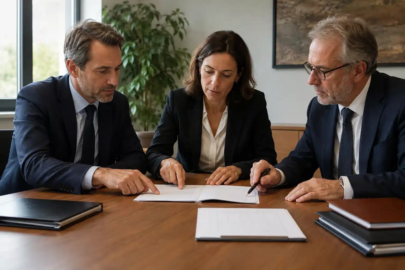 Cédant, repreneur et conseil examinant un protocole d’accord de reprise