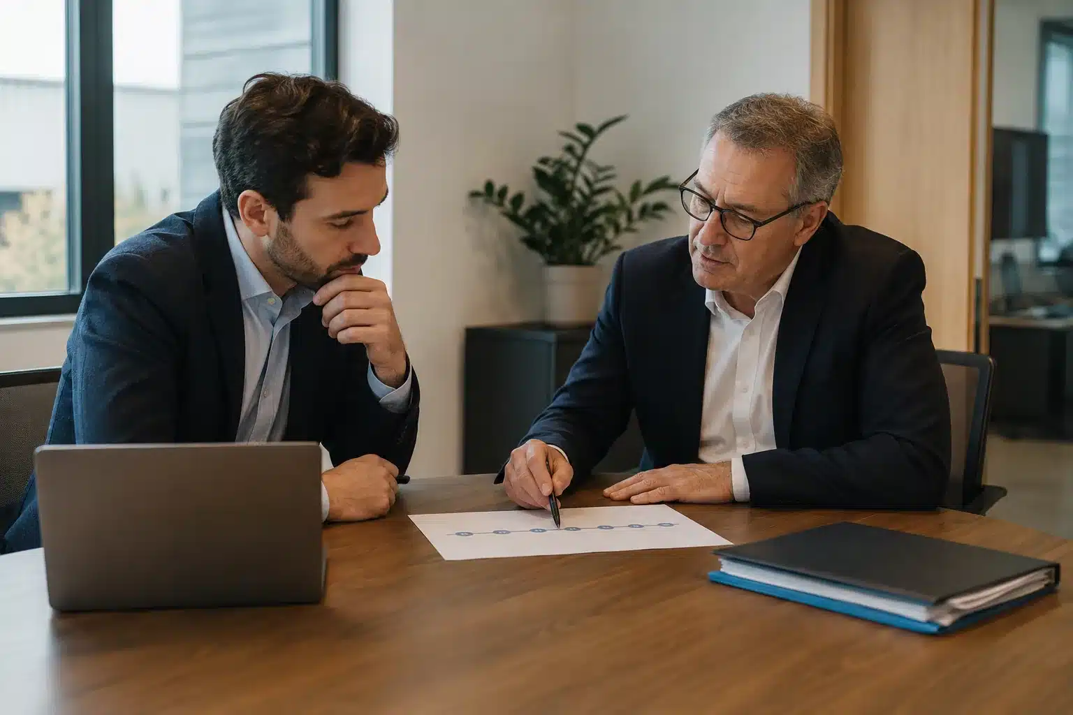 Repreneur et dirigeant examinant les étapes d’une reprise d’entreprise