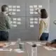 Équipe animant un atelier SWOT avec quatre zones de notes sur un tableau