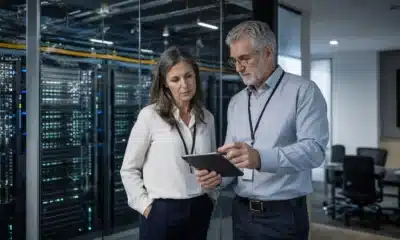 Centre de données et équipe professionnelle illustrant la stratégie cloud et IA