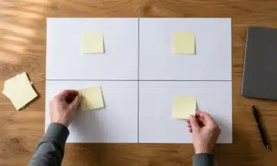 Matrice SWOT vierge préparée sur une table de travail avec des notes colorées