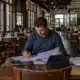 Gérante de restaurant analysant ses ventes et son organisation dans une salle vide