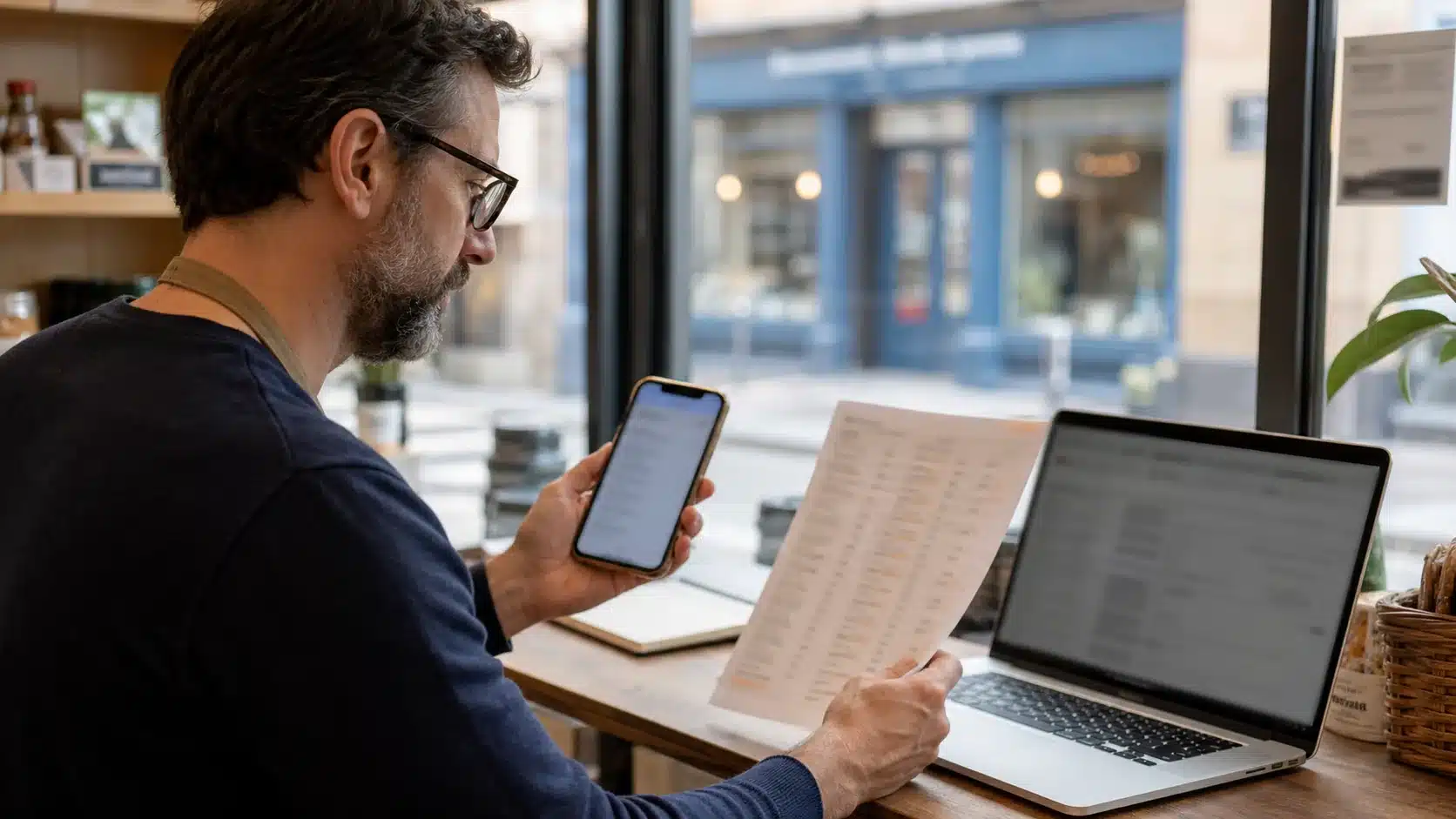 Responsable vérifiant les coordonnées de son entreprise dans des annuaires en ligne