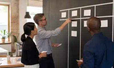 Équipe priorisant les activités clés d’une entreprise sur un tableau de travail