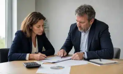 Entrepreneuse vérifiant le droit d’entrée et le budget d’une franchise avec un conseiller