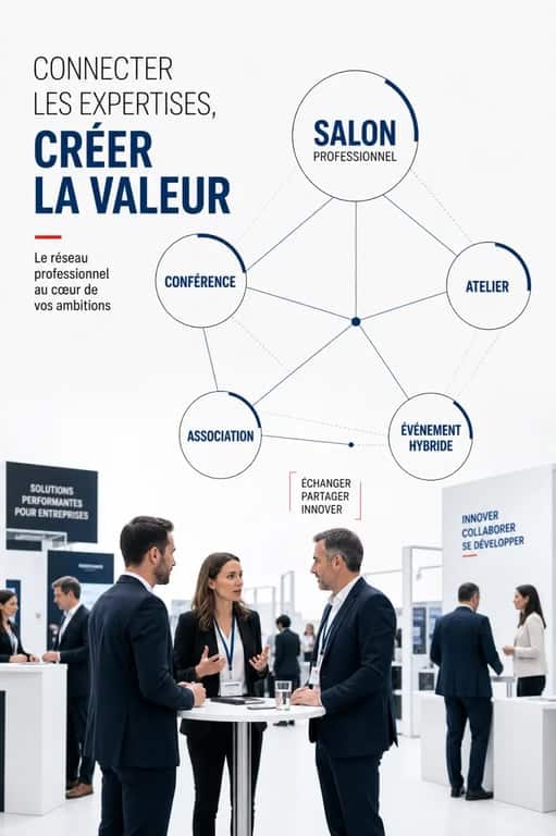 L'impact des conventions professionnelles sur le networking B2B moderne illustré par une convention professionnelle et un réseau de contacts d'affaires