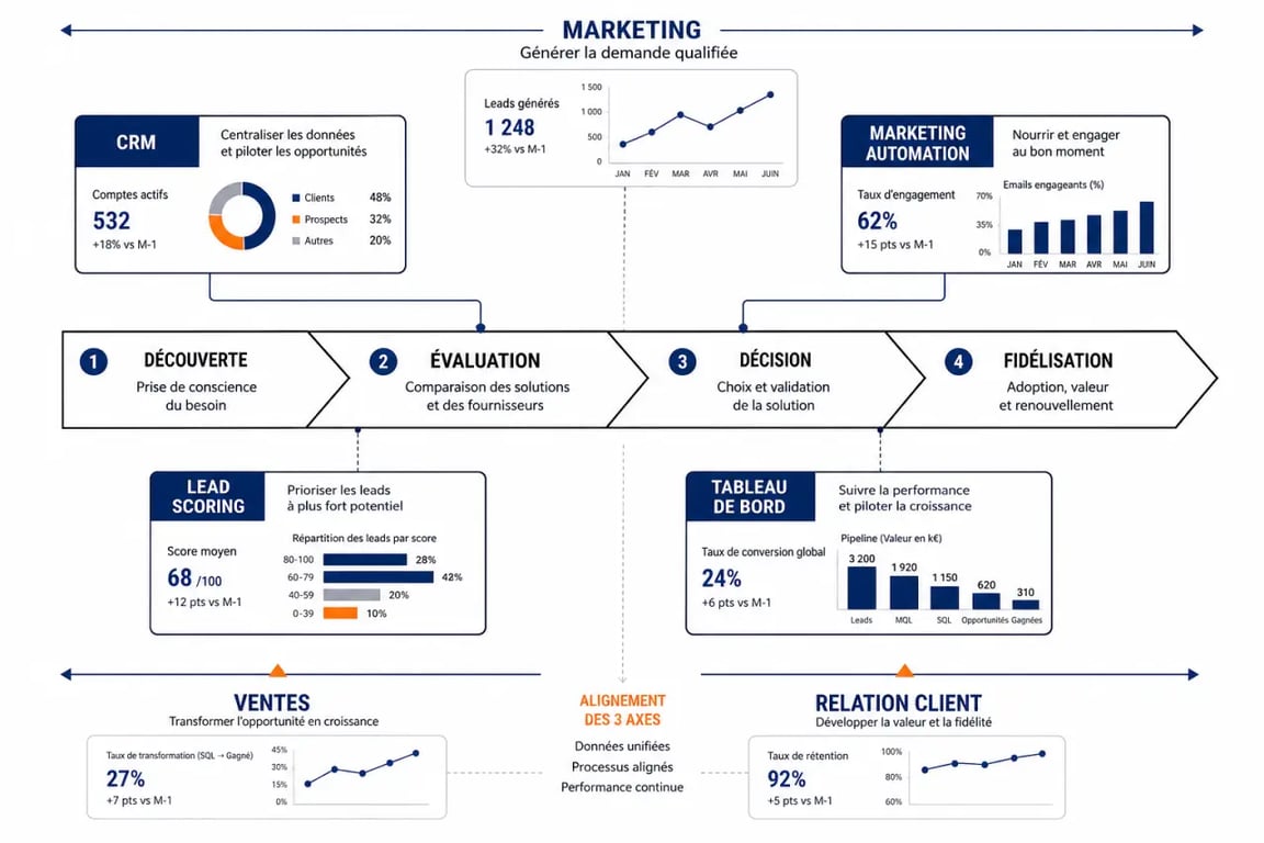 Optimiser sa stratégie B2B grâce aux nouveaux outils digitaux : schéma du parcours d’achat et des outils CRM, automation et reporting