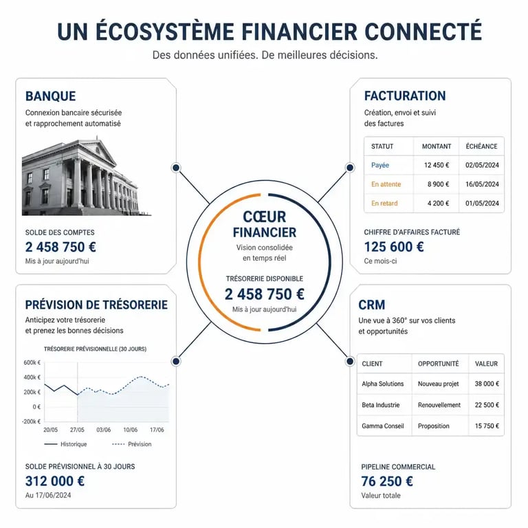 Schéma d'un écosystème connecté pour optimiser la gestion financière des entreprises