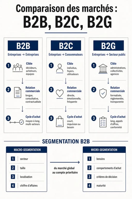 Business, B2B, Entreprise : schéma comparatif entre B2B, B2C et B2G avec segmentation B2B