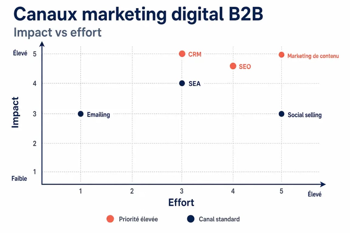 Infographie comparative des leviers de stratégie digitale B2B selon leur impact et effort pour accélérer la croissance