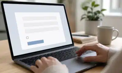 Visiteur remplissant un formulaire d’inscription clair avec contrôle du consentement