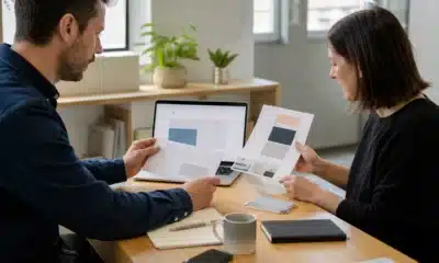 Deux professionnels préparent un mailing postal et une campagne emailing
