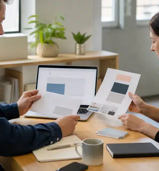 Deux professionnels préparent un mailing postal et une campagne emailing