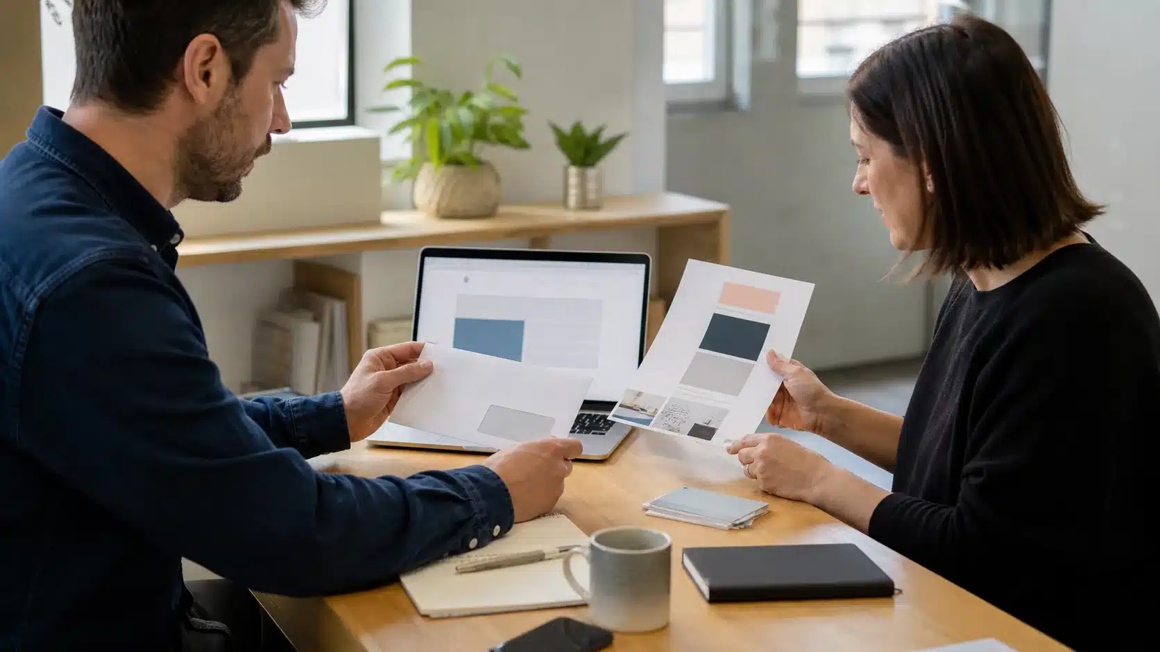 Deux professionnels préparent un mailing postal et une campagne emailing