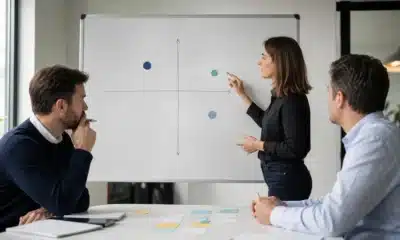 Équipe comparant les offres concurrentes sur une carte de positionnement marketing