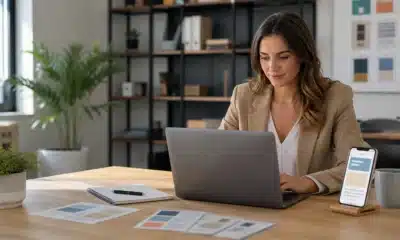 Responsable marketing préparant une newsletter d’entreprise sur ordinateur