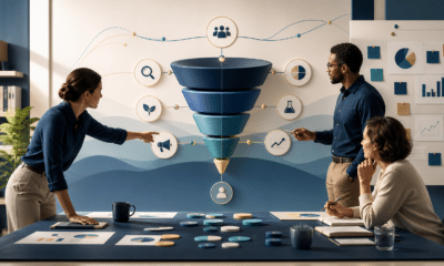 Équipe construisant un plan d’acquisition client autour d’un entonnoir et d’indicateurs