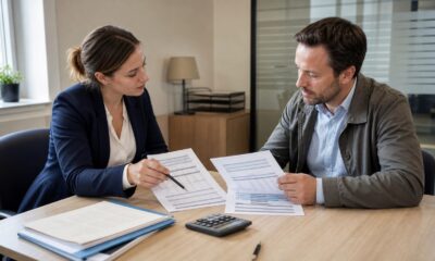 Entrepreneur comparant deux offres de prêt professionnel avec une conseillère