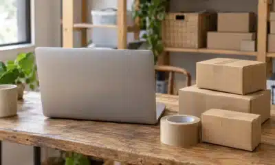 Ordinateur portable et colis en carton sur un bureau de préparation de commandes
