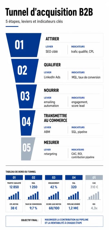 Optimiser sa visibilité B2B grâce aux stratégies de marketing digital avec un schéma du tunnel d’acquisition et des canaux SEO, LinkedIn Ads, ABM, email et retargeting