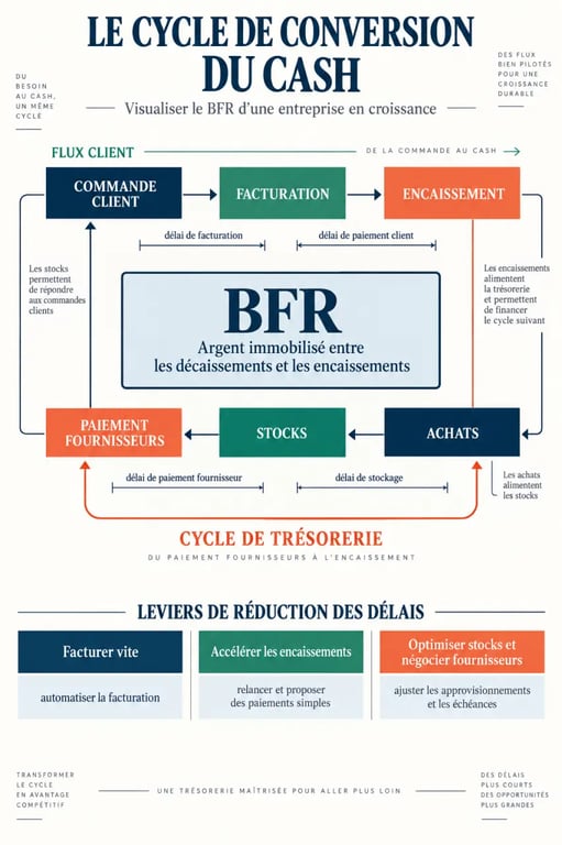 Infographie pour optimiser la gestion de trésorerie des entreprises en pleine croissance avec le cycle de conversion du cash et le BFR