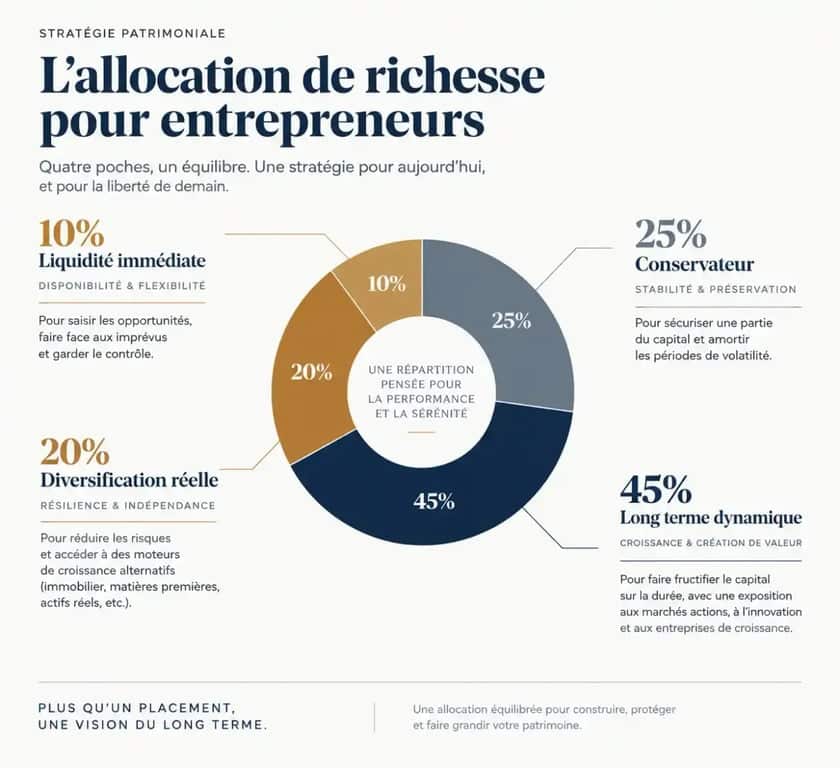 Infographie de répartition d'épargne et placements pour un entrepreneur après une levée de fonds
