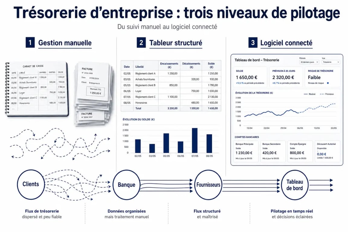 Optimiser la gestion de trésorerie des entreprises avec swala : comparaison visuelle entre gestion manuelle, tableur et logiciel connecté