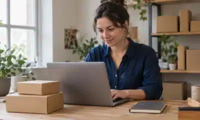 Une personne travaille sur un ordinateur portable, avec deux colis posés sur son bureau.