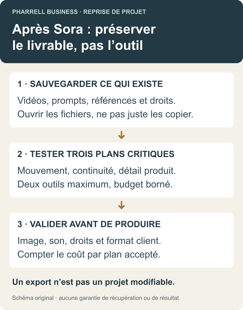 Reprise après Sora : sauvegarder les actifs, tester trois plans et valider le livrable